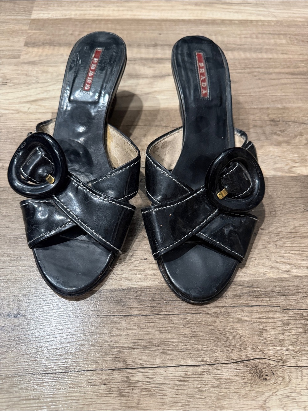 Prada Black Patent Leather Cross-Strap Slide Mules with Buckle